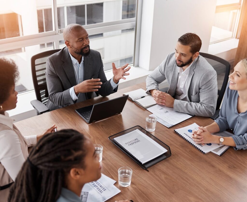 Business meeting, manager and people planning, management and speaking of financial report or propo